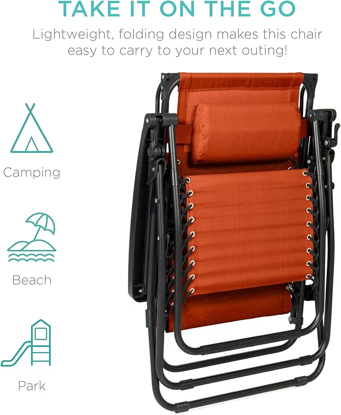 Best Choice Products Folding Zero Gravity Outdoor Recliner Patio Lounge Chair w/Adjustable Canopy Shade, Headrest, Side Accessory Tray, Textilene Mesh - Burnt Orange