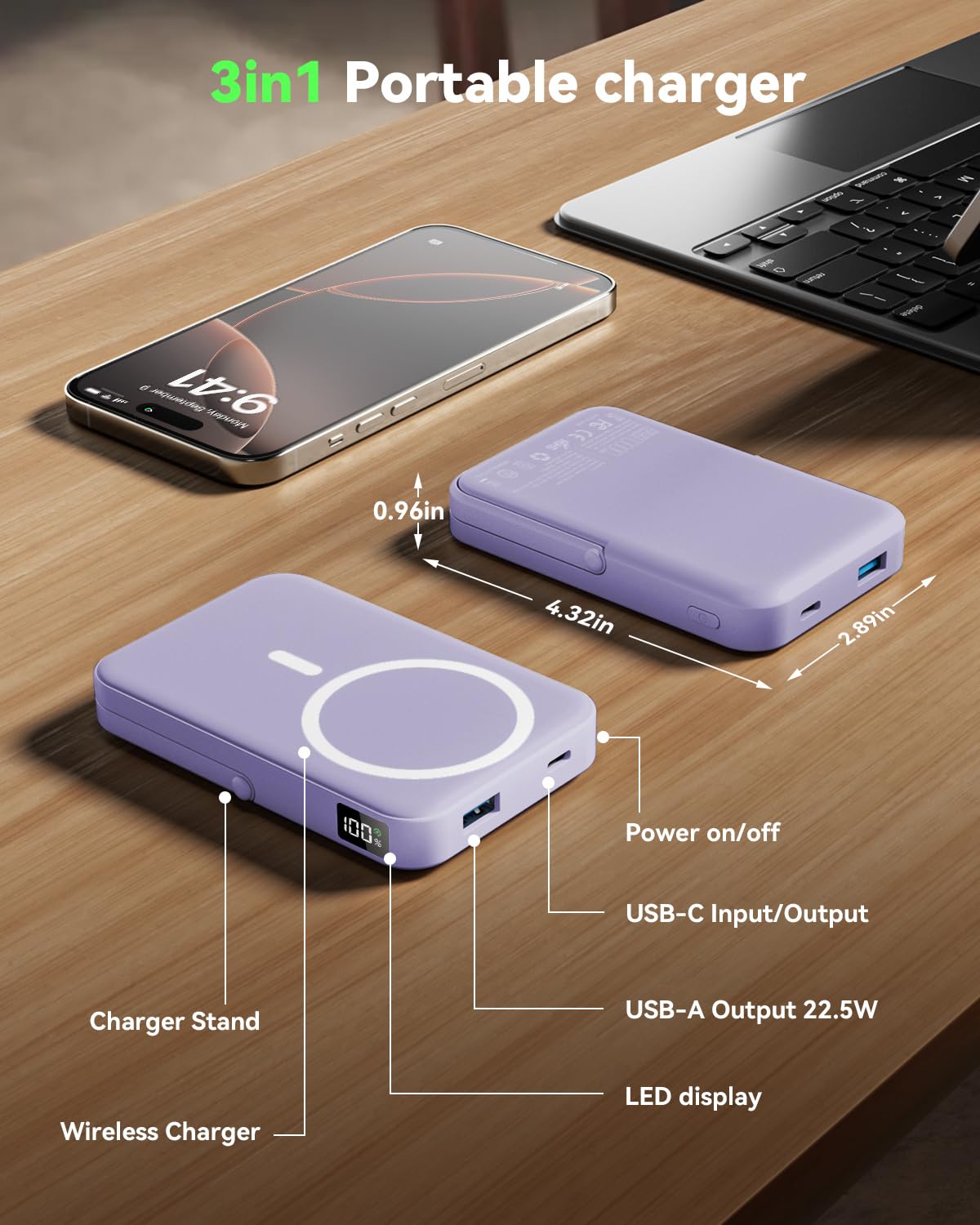 for Magsafe Battery Pack 10000mAh Power Bank with Foldable Stand Portable Charger,PD 22.5W Fast Charge,Travel Essential Wireless Charger for iPhone 17/16/15/14/13/12 Series–Black