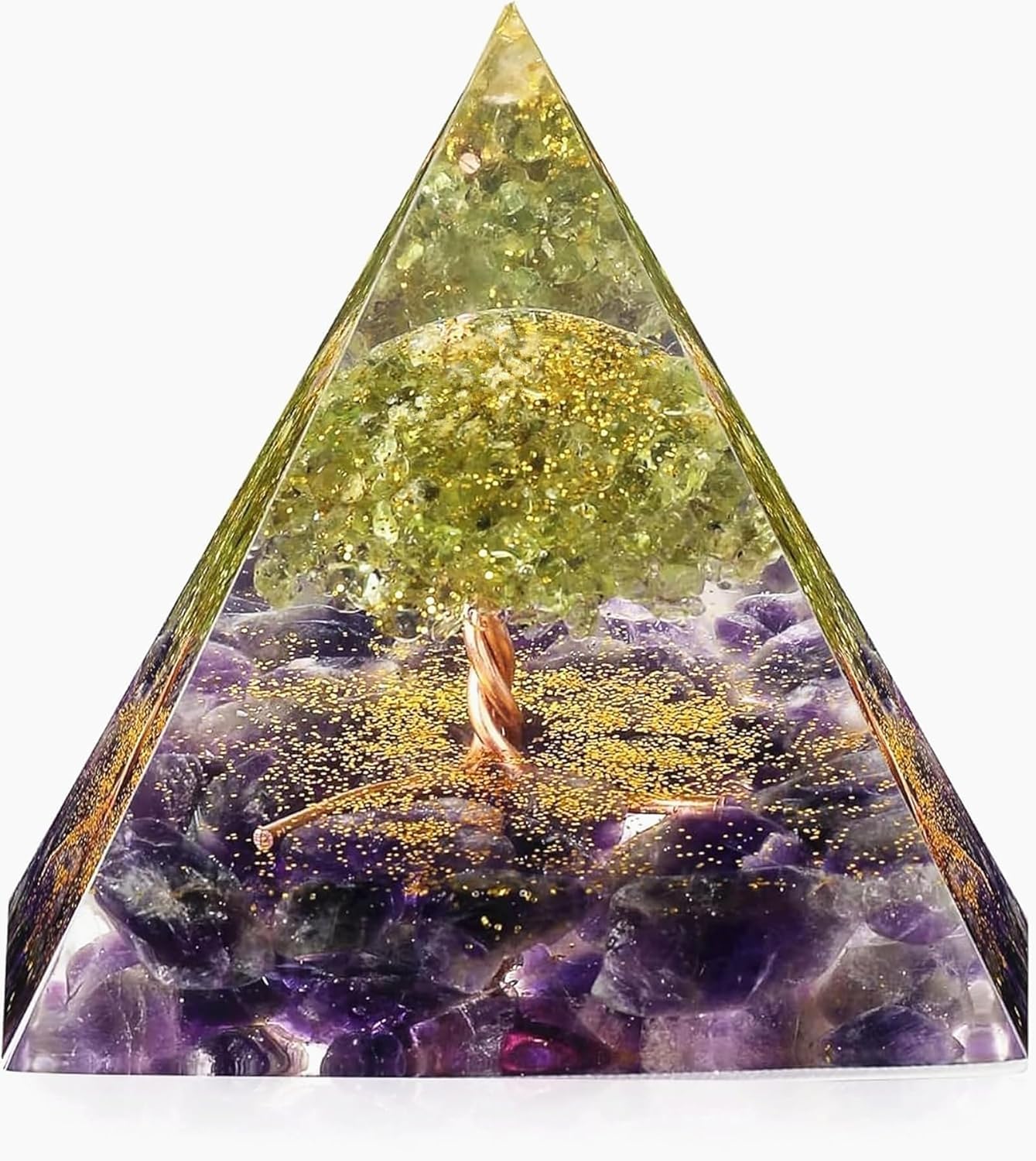 EternalOrgone Tree of Life Orgone Pyramid for Positive Energy, Orgonite Peridot&Amethyst Healing Crystal Pyramids for Reduce Stress Chakra Reiki Healing Meditation Attracts Lucky and Success