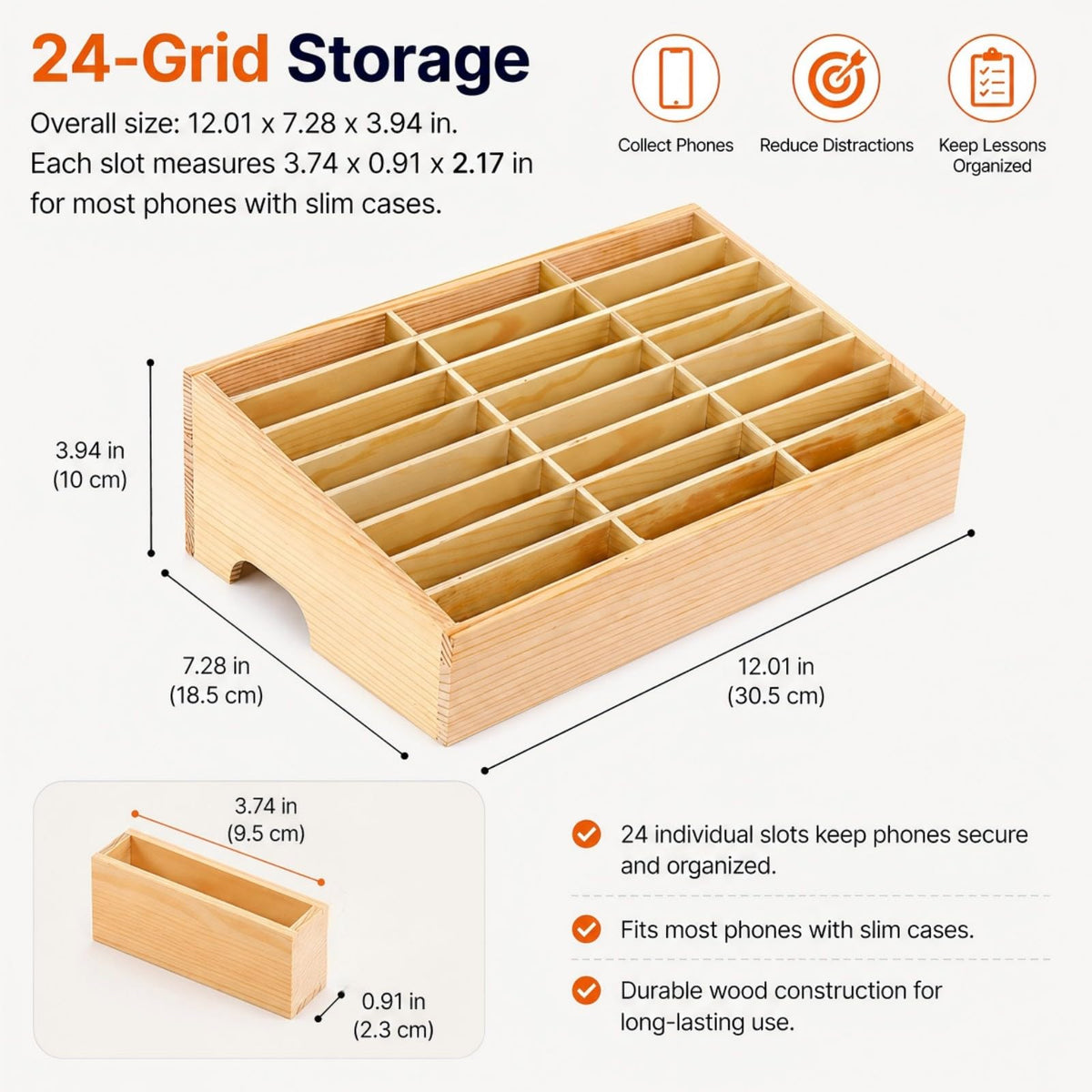 XICHENGSHIDAI 24-Grid Classroom Cell Phone Holder, Wooden Mobile Phone Storage Box, Desk Organizer for Teachers, School and Office