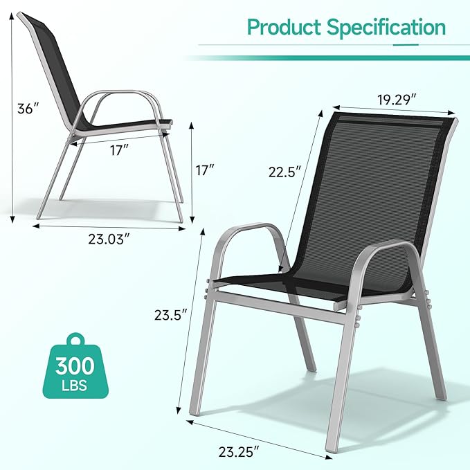 Patio Chairs Set of 6, Easily Set Up Stackable Outdoor Dining Chairs with High Back and Wide Seat, All Weather Breathable Outdoor Chairs Set of 6 with Metal Frame for Backyard Deck Pool, Black