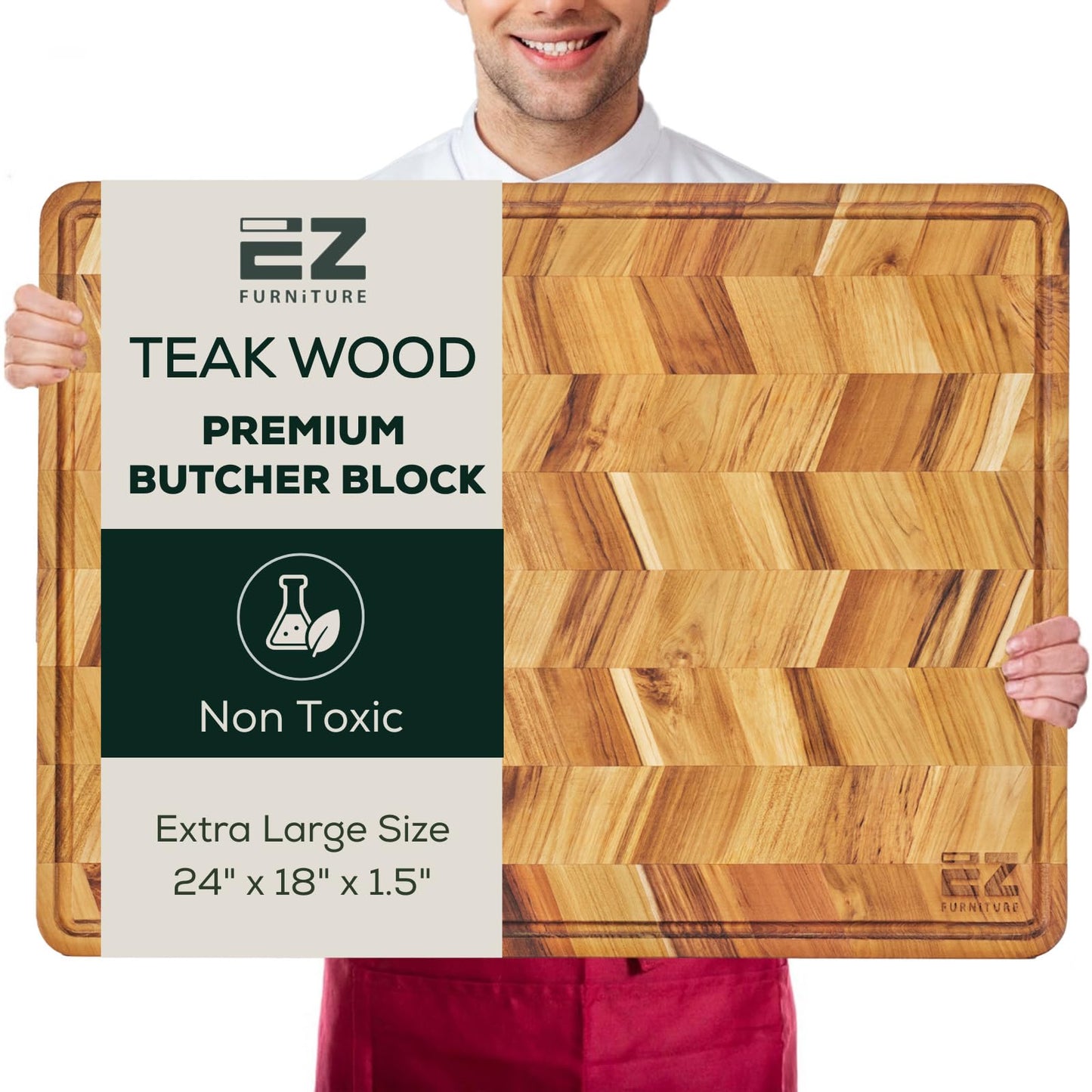 EZ FURNITURE Extra Large (XL) Teak Edge Grain Cutting Board, Reversible, Knife-Friendly Charcuterie Butcher Block, Juice Groove & Handles, Non-Toxic, Gift Box Included (Herringbone, 24" x 18" x 1.5")