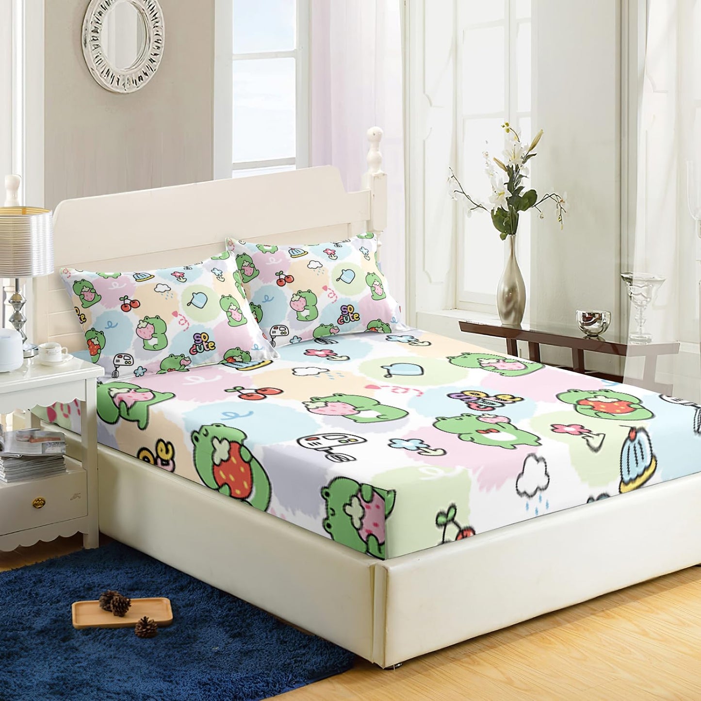 AILONEN Kawaii Bedding Cute Frog Fitted Sheet Set, Twin Size Sheets for Kids Girls,Cartoon Frog and Strawberry Bed Sheet Set,Amphibian Animal Print Sheets 3 Pieces, 1 Fitted Sheet and 2 Pillowcases