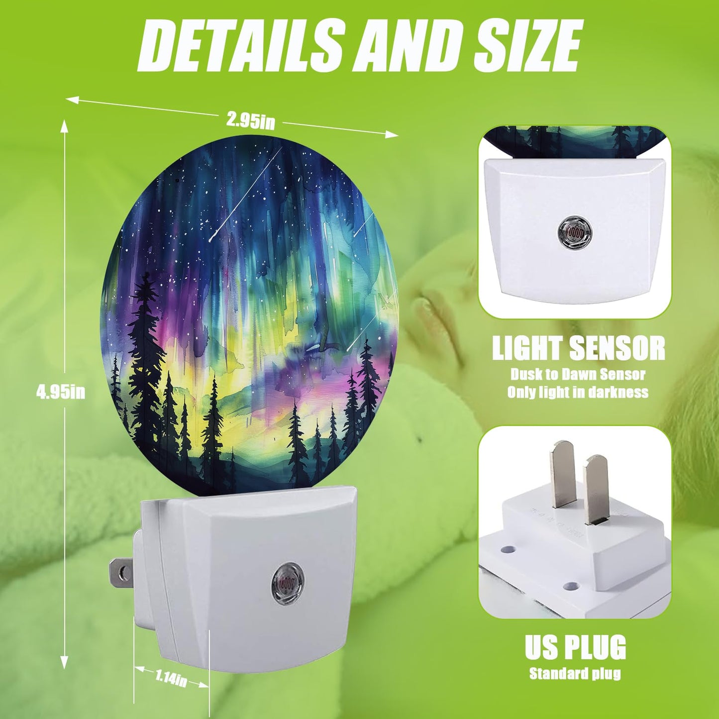 COSHARKLY Aurora Forest Night Light,Plug-in Night Lights with Dusk-to-Dawn Sensor for Bedroom Bathroom and Living Room Sleep Friendly lamp