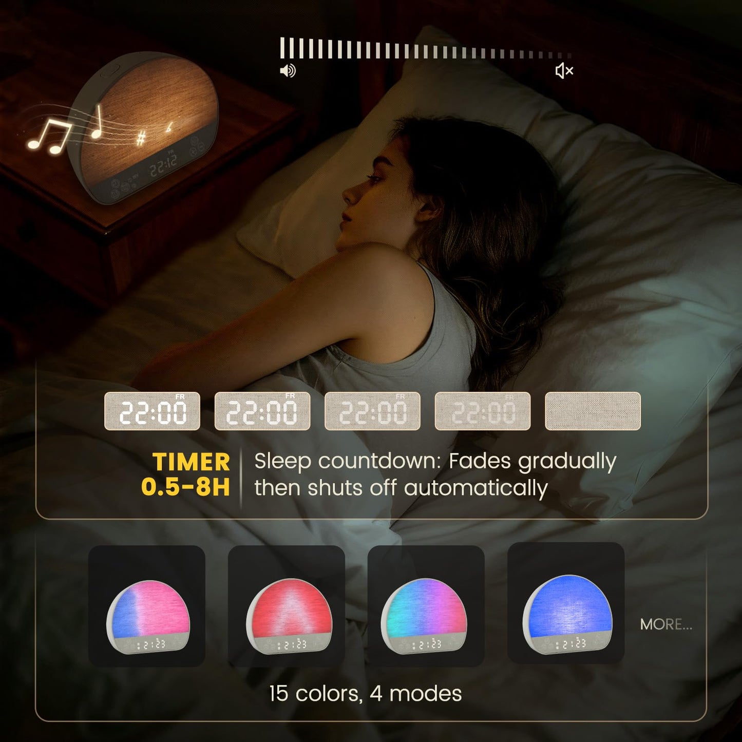 JONRRYIN Sunrise Alarm Clock Tap Snooze, 37 Sounds White Noise Machine Gentle Wake Up Light with Bluetooth, Remote, USB Charging & 15 Color Night Lamp, Sunlight Alarm for Heavy Sleeper Bedroom Gift