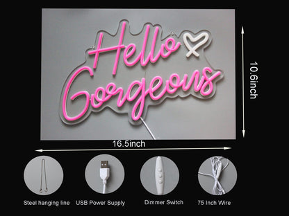 Hello Gorgeous Neon Sign Hello Beautiful Pink LED Neon Lights for Home Wedding Birthday Backdrop Bacelorette Party Wth Dimmable Switch(5V,16.5X10.6inches)