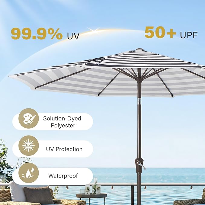 MEWAY 9ft Patio Umbrella Outdoor Table Umbrellas with Push Button Tilt and Crank, Market Umbrella 8 Sturdy Ribs for Deck, Garden, Pool and Backyard, Black-white-striped