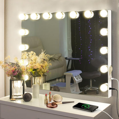 M MIVONDA Hollywood Vanity Mirror with Dimmable 15LED Bulbs Lights 3 Lighting Modes 2in1 Large Lighted Makeup Mirror for Desk and Wall with Plug-in and USB Charger Port