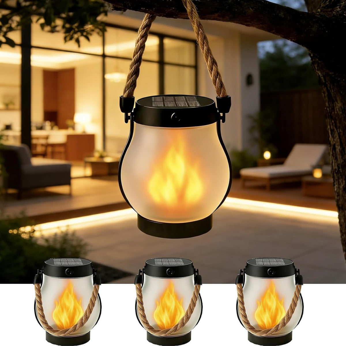 ATDEXT 4PCS Solar Lanterns Outdoor with Ultra-Real Flame, Outdoor Flickering Hanging Lights IP65 Waterproof, 2 Modes, Dual USB/Solar, Auto On/Off for Garden Yard Patio Porch Halloween Christmas Decor