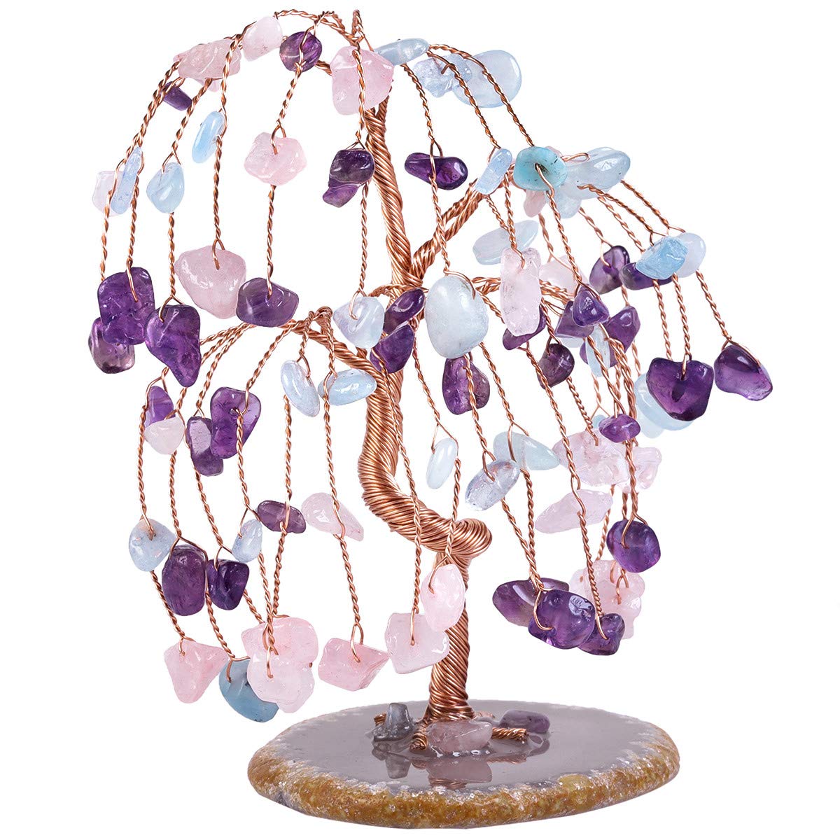 mookaitedecor Amethyst/Rose Quartz/Aquamarine Crystal Tree Tumbled Stones, Geode Agate Slices Base Money Tree Decoration for Wealth and Luck 5.7"-6.7"