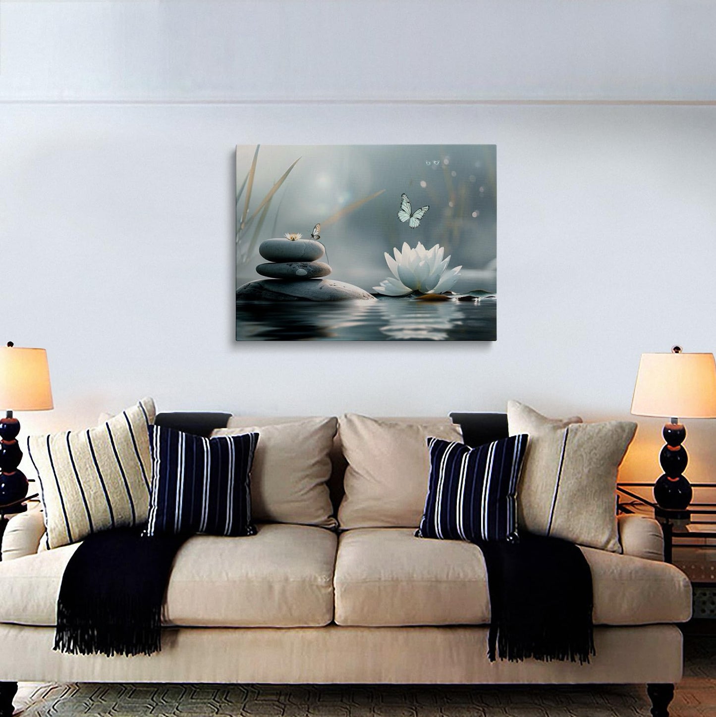 Zen Lotus Flower with Stones and Butterflies Canvas Wall Art Framed Serene Painting Prints Posters Artwork for Meditation Room Wall Decor Calming Spiritual Bathroom Art 12x16 Inches