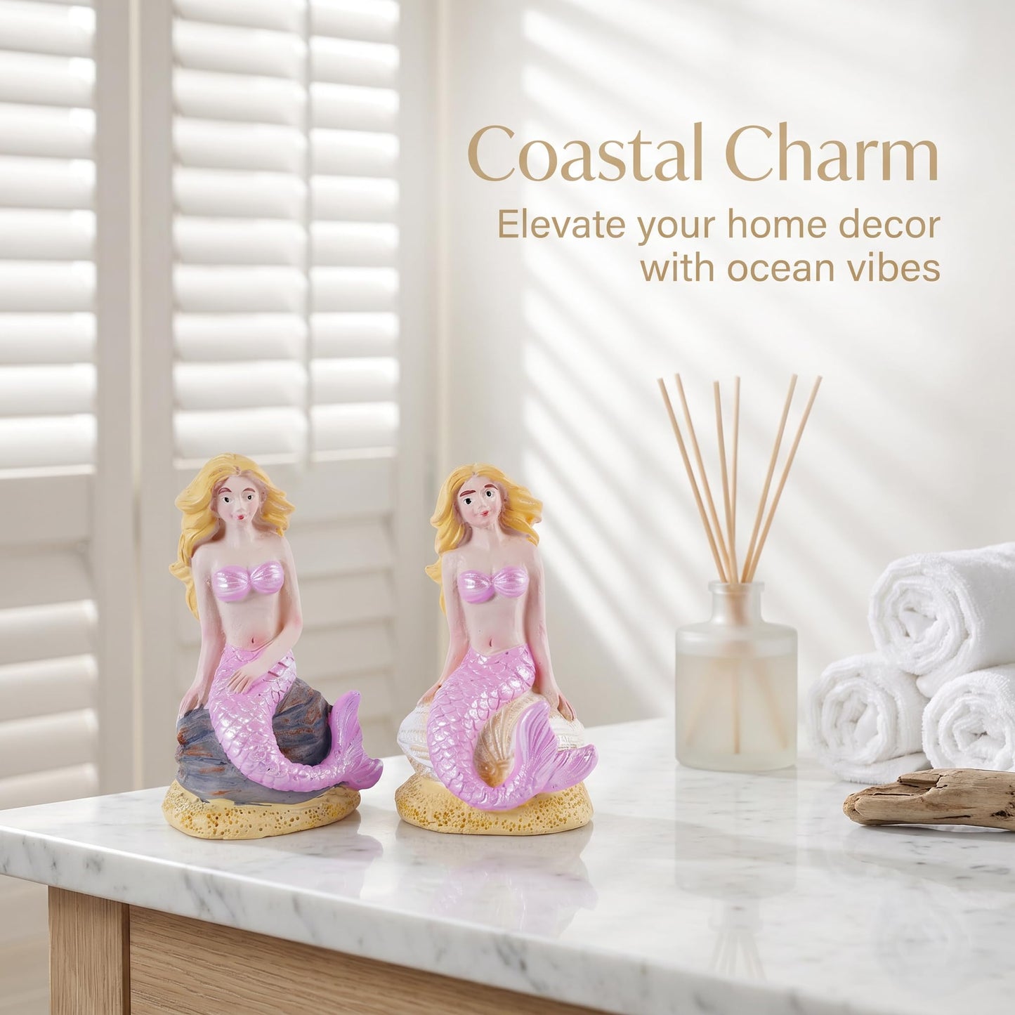 Brizoria Mermaid Decor Set of 3 Mermaid Figurines Sitting Resin Mermaid Statue Pink Tail Blonde Hair Coastal Beach Tabletop Aquarium Fish Tank Home Bathroom Decoration