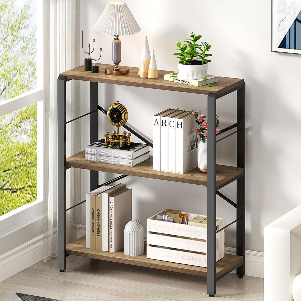FOLUBAN Small Bookshelf, 3 Tier Open Book Shelf, Rustic Wood and Metal Shelving Unit for Small Space, Oak