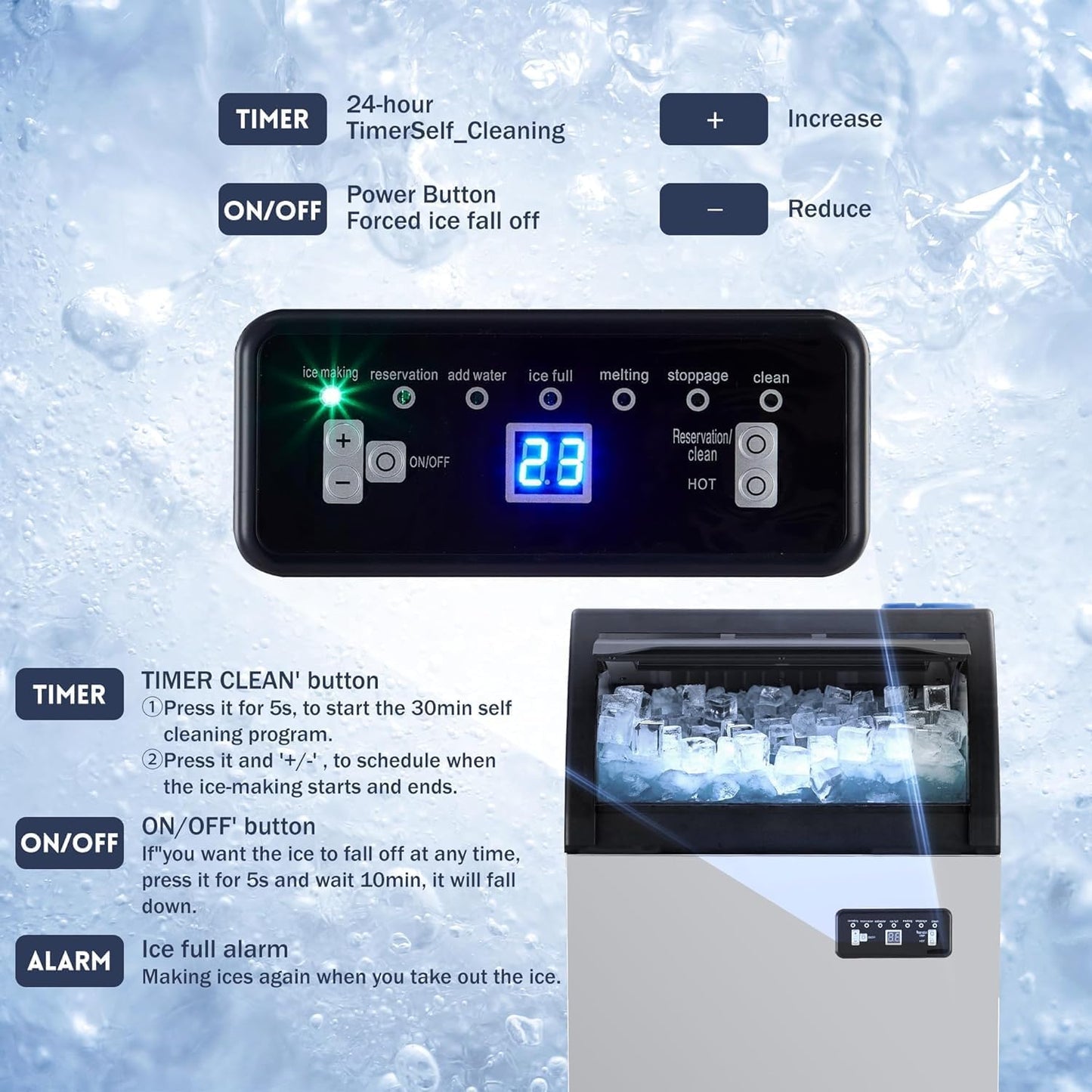 155LBS/24H Commercial Ice Maker Machine,Stainless Steel Under Counter Ice Machine with 33lbs Ice Storage Capacity,Freestanding Ice Maker,Ice Scoop, Quiet Compressor for Home and Business