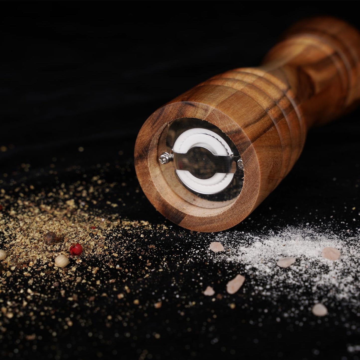 DeroTeno Salt and Pepper Mill Set, Set of 2 Salt and Pepper Grinder with Ceramic Grinder, Acacia Wood, Height 16.5 cm / 6 inch ((Tray is not Included)