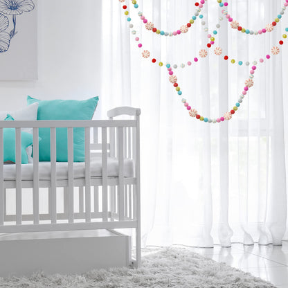 Glaciart One Peppermint Felt Ball Garland - Pompom Holiday Decoration Hand-Made from Natural Wool - Cute Hanging Decor for Christmas Tree, Mantel, Kids Bedroom, Living Room, Nursery - 7 Feet Long