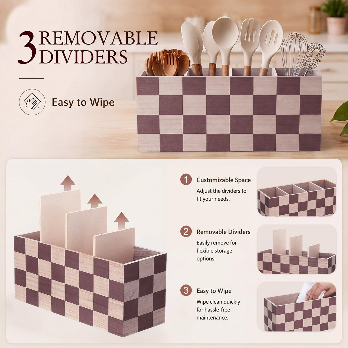 RoRofunny Extra Large Checkerboard Wooden Utensil Holder with 4 Compartments, 15.7" Long Farmhouse Kitchen Organizer, Rustic Cooking Tools Caddy for Countertop Spatulas Spoons Whisks