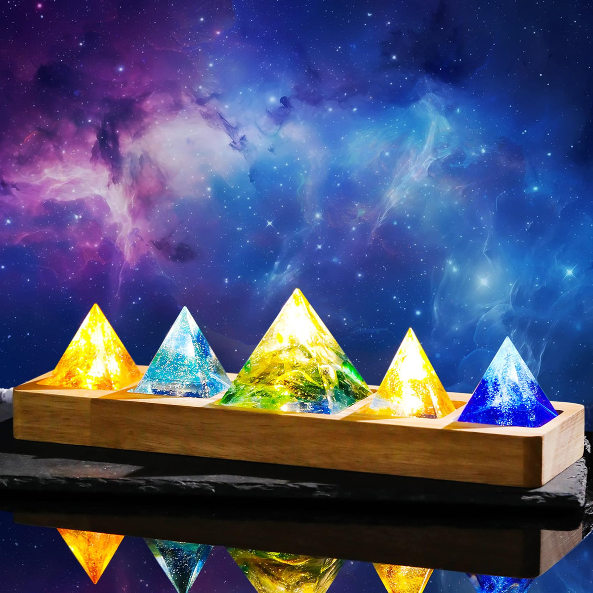 Ornalrist 5 Chakra Natural Healing Pyramid with Wooden LED Light Base Crystal Quartz Pyramid for Meditation, Positive Energy, Sleep, Spiritua Night Light Home Decor