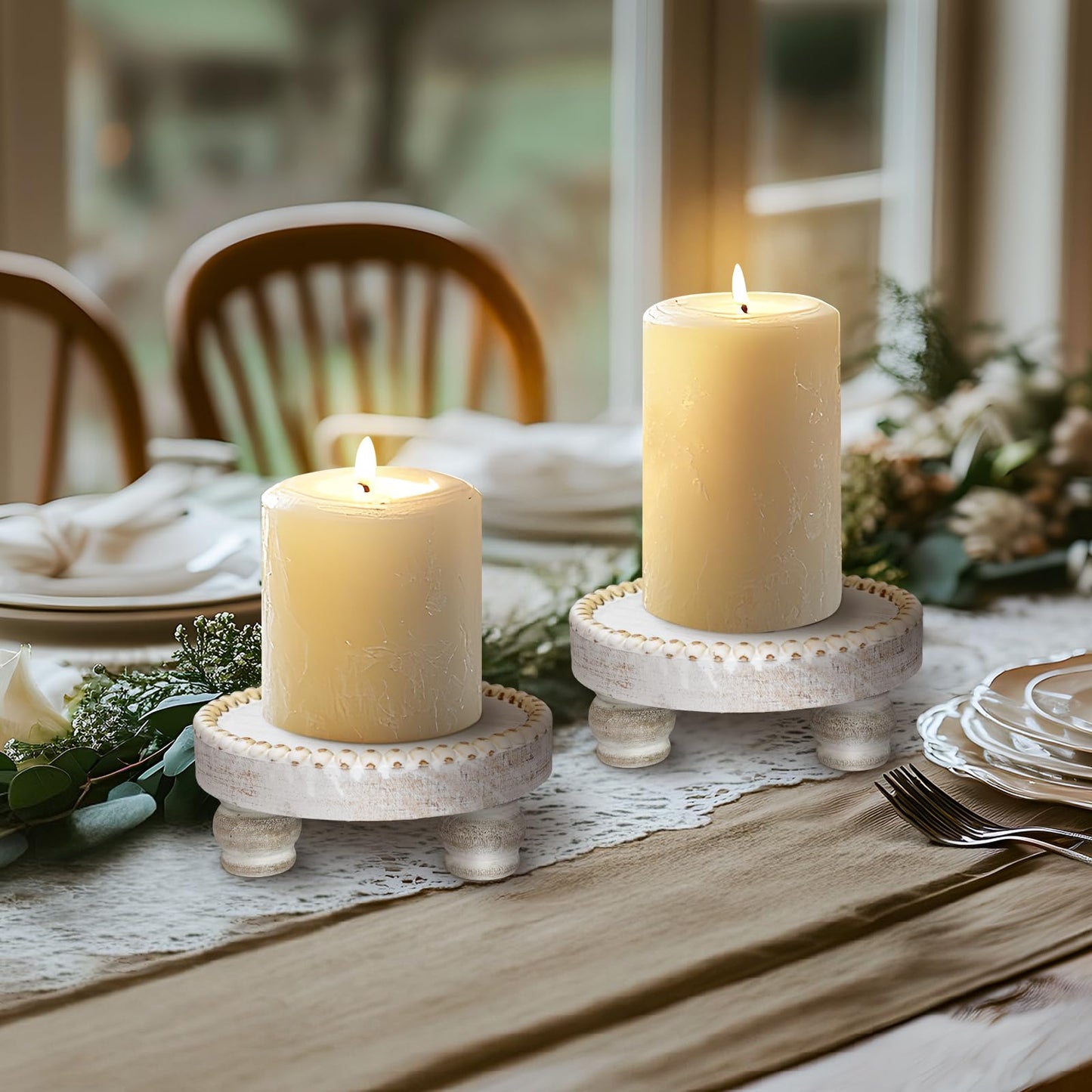 Small Wood Risers for Decor, Round Wooden Display Risers Candle Plates and Trays, Farmhouse Candle Trays Home Decor, Pedestal Stand for Mini Cake, Mug Display Decorative, Table Centerpiece, White