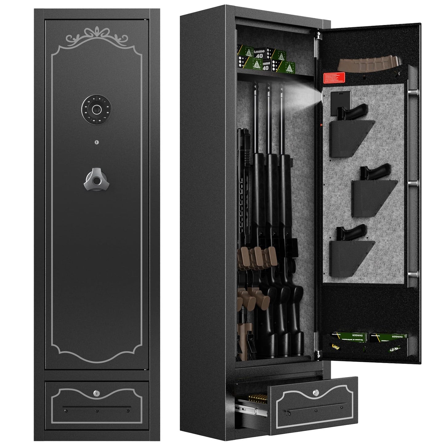 Zevemomo 8 Gun Safes, Rifle Safe Long Gun Safe for Home, Quick & Easy Access Gun Cabinets for Home Rifle and Pistols with LED Light & Drawer, Electronic Lock