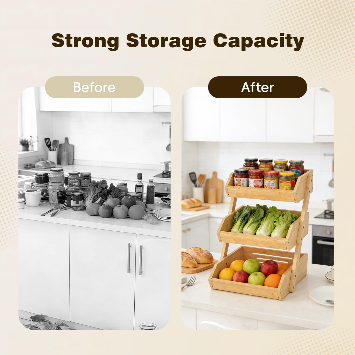 SYEIIYU 2 Tier Fruit Basket For Kitchen, Bamboo Vegetable Storage Bowl Stand with Banana Hanger Hooks, Produce Storage Wooden Basket, Snack Organizer for Countertop, Kitchen Counter Storage