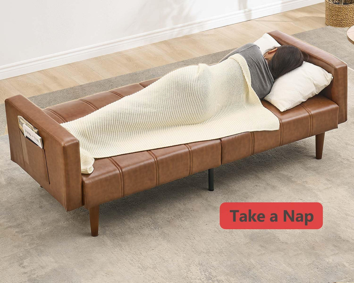 GarveeHome 75 in Futon Sofa Bed Mid-Century Futon Couch, PU Leathe Convertible Sleeper Couch with Adjustable Backrest, Loveseat and Side Pockets for Living Room & Bedroom (Brown)
