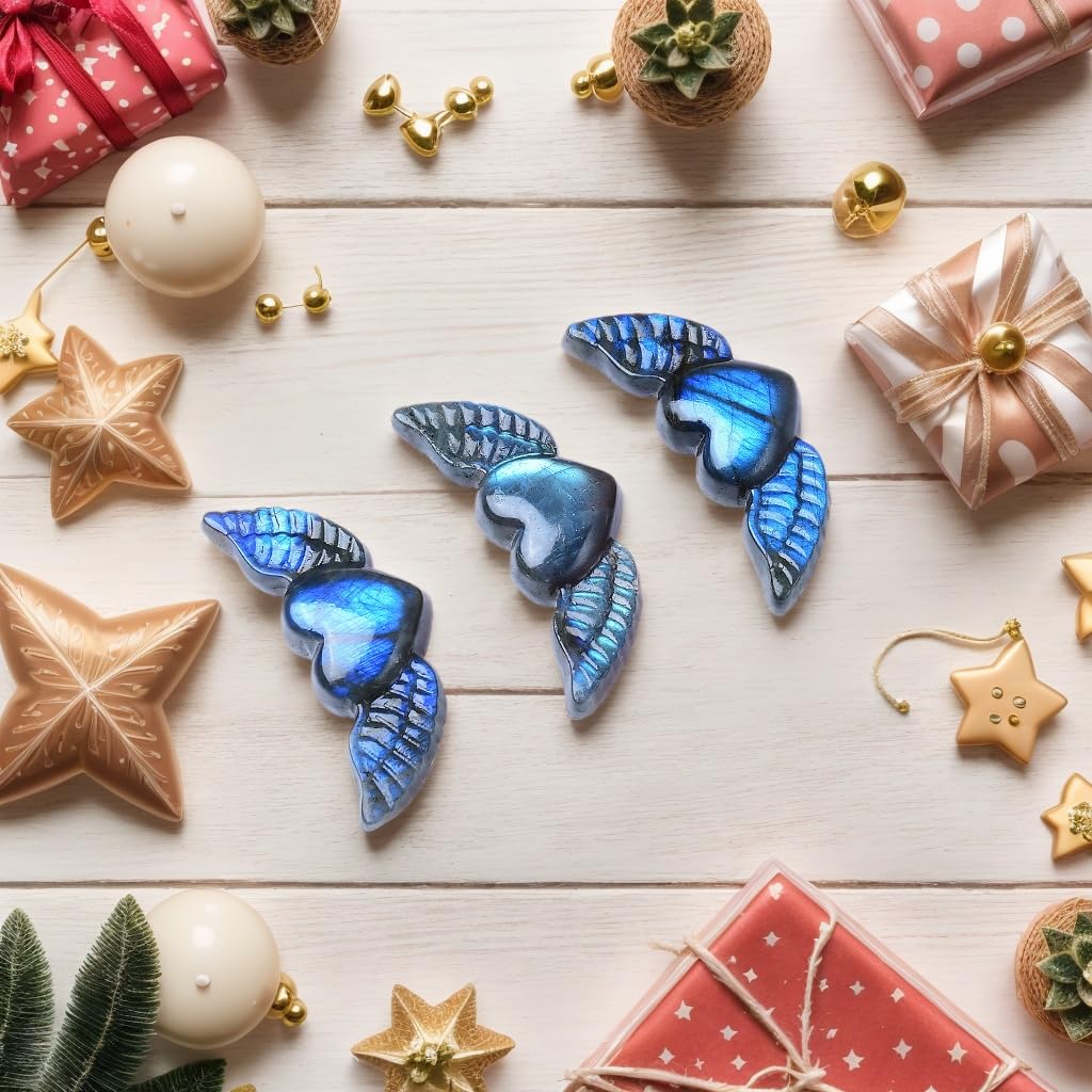 WUYOUSHI Natural Labradorite Crystal Love Wings Statue 1.96" Carved Healing Crystal Gemstone Carving Stone Festive Day Decoration Reiki Energy Meditation Healing Home Ornament DIY