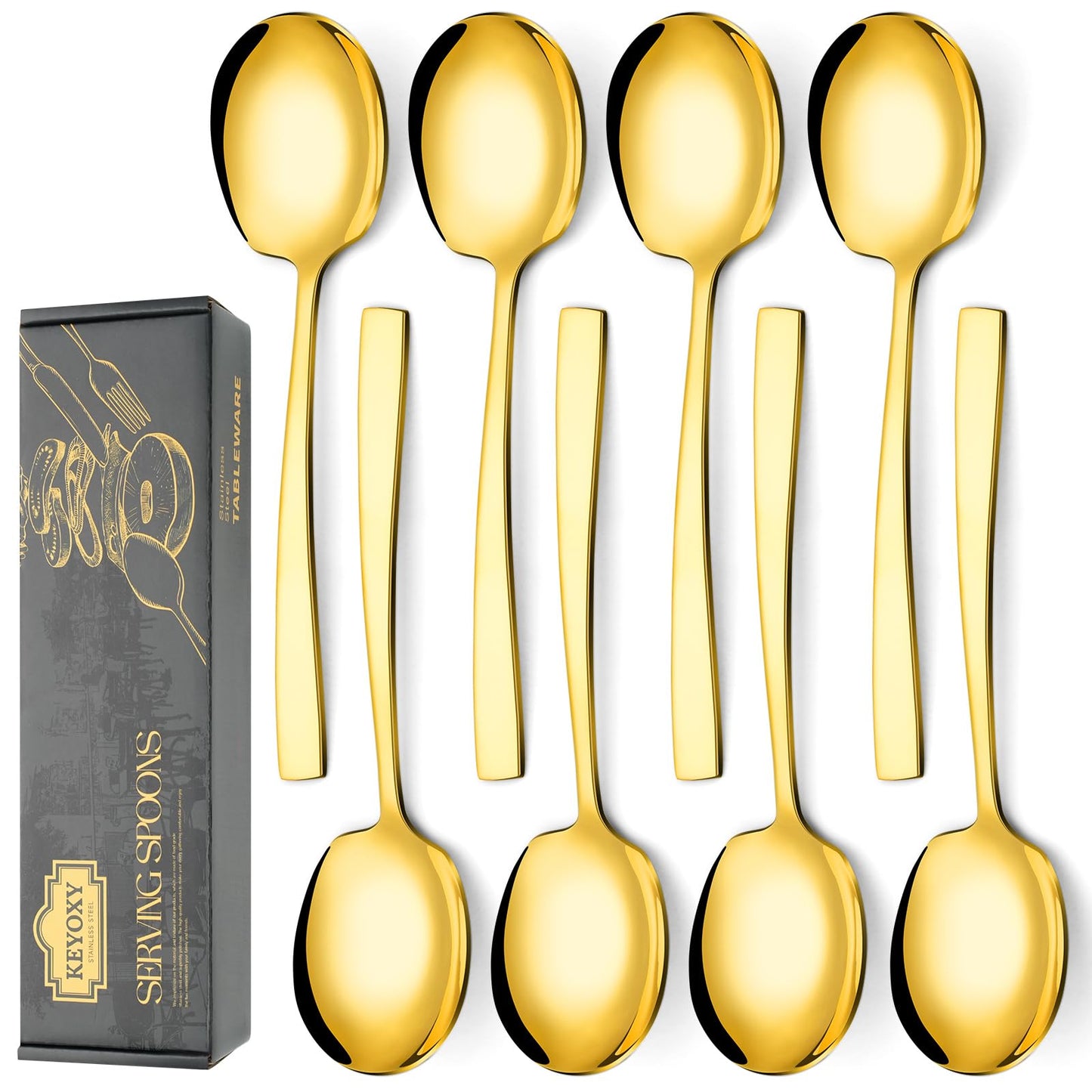Keyoxy 8 Piece Stainless Steel Serving Spoons Set - 8 Large Spoons, 9.2-Inch, Dishwasher Safe, for Parties/Kitchen/Buffet/Catering,Gold
