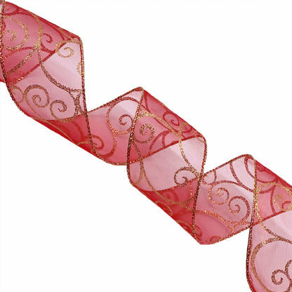 Morex Ribbon 7416.60/50-934 Swirl 2.5" X 50 YD Nylon Sheer Curling Wired Glitter Ribbon, Red/Gold, Holiday Ribbons for Crafts and Christmas Decorations, Gift Wrapping