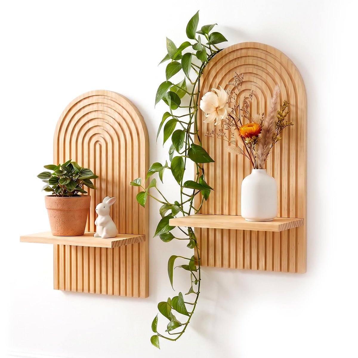 Boho Wall Decor Floating Shelves Set of 2 - Natural Wood Arched Wall Shelf for Modern Minimalist Decor, Rustic Hanging Shelves for Living Room, Bedroom, Bathroom