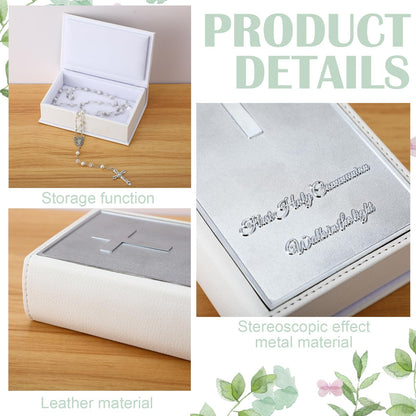 Liliaafar First Communion Rosary Beads Necklace Gifts with Engraved Keepsake Gift Box 20.5 Inch Stainless Steel Glass Beads Catholic Rosary with Cross for First Holy Communion
