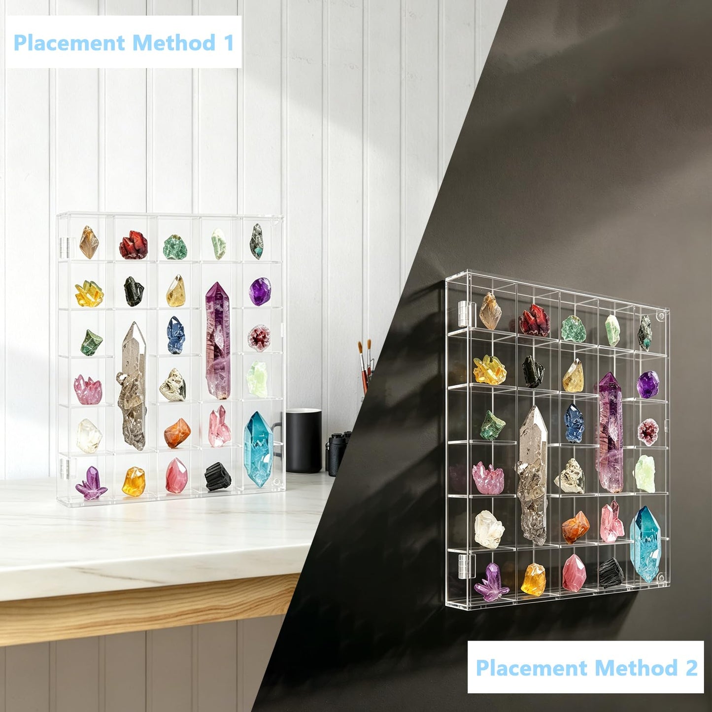 REZBLEATH 30 Grid Acrylic Clear Display Case Adjustable Crystal Display Shelf Rock Collection Box for Storage Crystals Stones and More, Wall Mounted Transparent Rock Display Box with Magnetic Lid