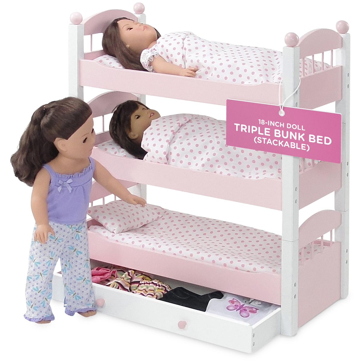 Emily Rose 18" Doll Triple Bunk Bed Set - 3 Stackable Beds with Bedding (Pillow, Mattress Blanket) & Storage Drawer | American Girl Compatible | Ages 5+