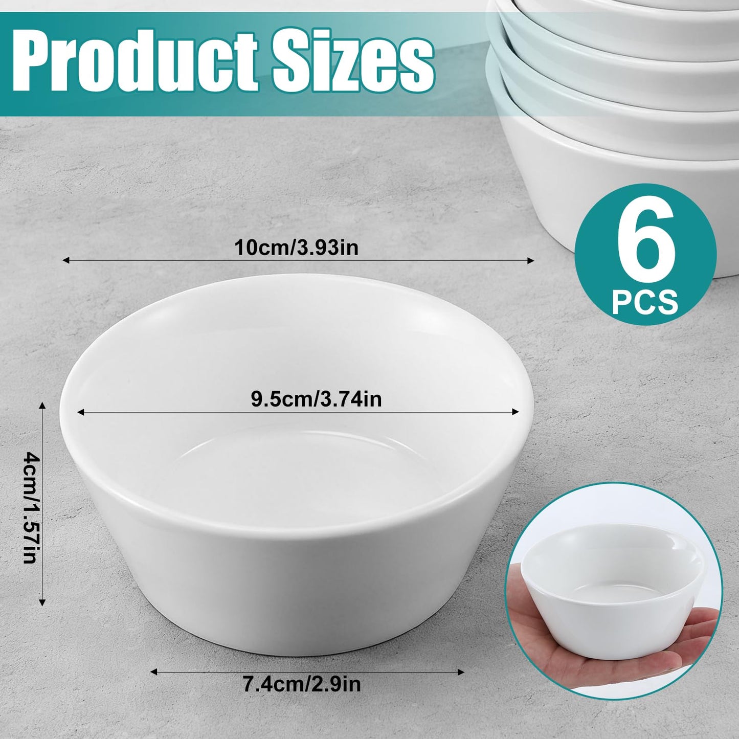 Enjamyo 6 Pack Porcelain Small Bowls, 5oz White Ceramic Ramekins, 4 Inch Diameter Small Bowls for Serving Dipping Sauces, Desserts, Soups and Cereals