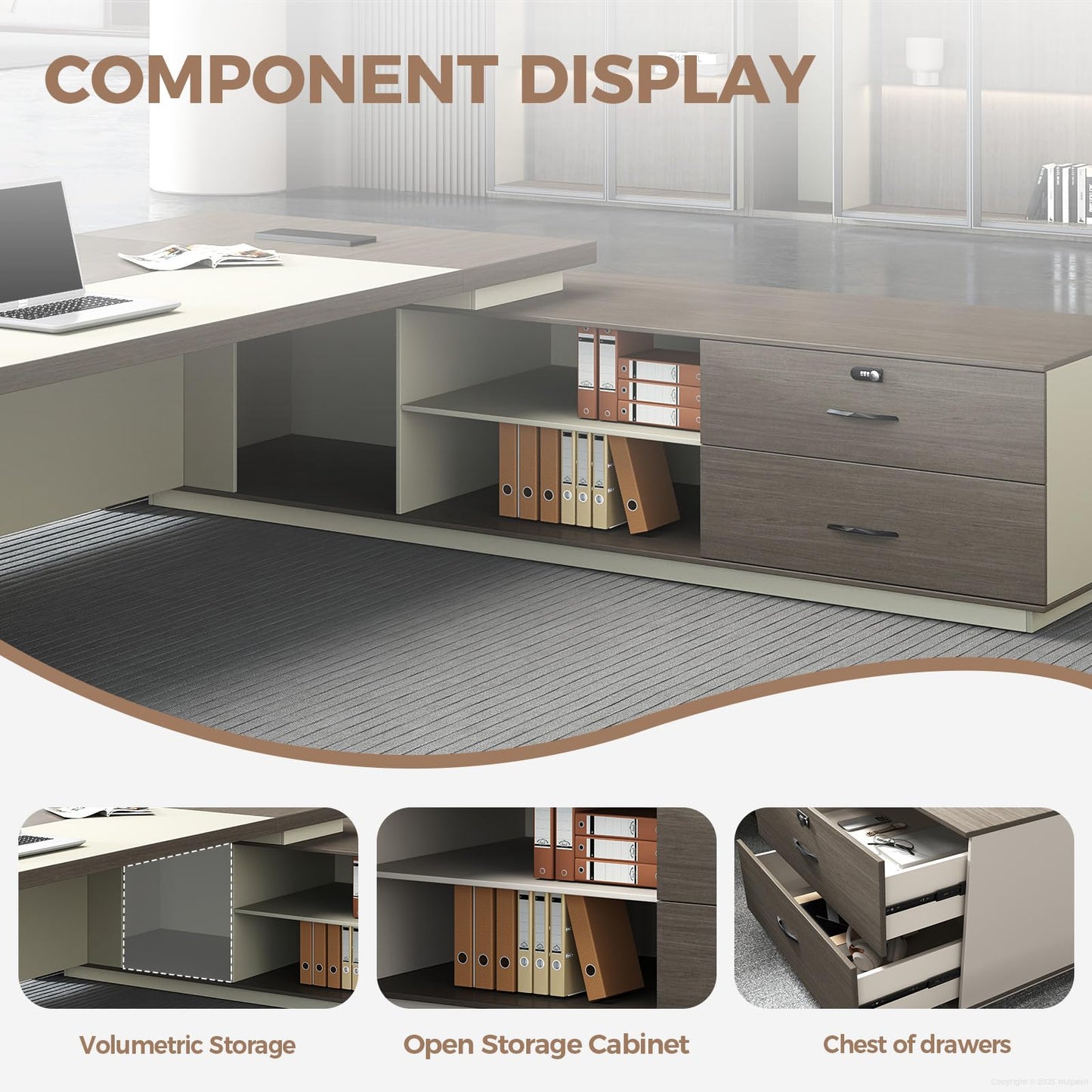 ZIMASYA 79 Inch L Shaped Executive Office Desk with Storage Cabinet, Right Return Desk with 2 AC Outlets and 2 USB Ports, Lockable Drawer, Cable Management Box, Smoked Gray and Off White