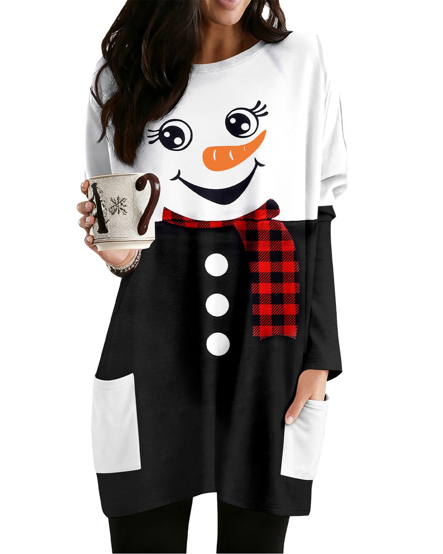MOUSYA Women Dress Shirt Christmas Long Sleeve Tops Santa Printed Pullover Loose Plus Size T-Shirt Blouse with Pockets Black White