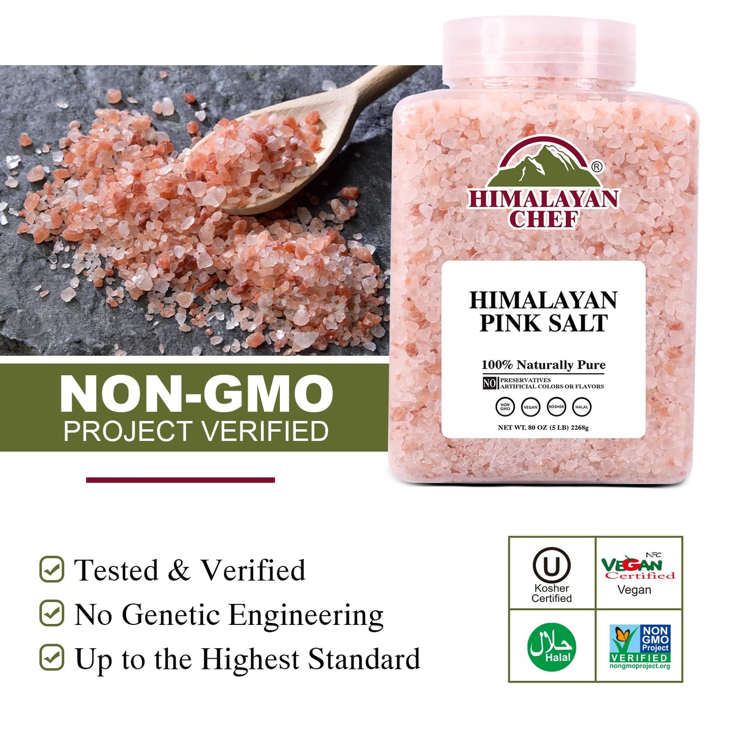 Himalayan Chef Pink Himalayan Salt Coarse Grain, 5 lbs Plastic Jar - Pure, Natural, Kosher, Mineral-Rich, Ideal for Grinder Refills, Cooking, Seasoning