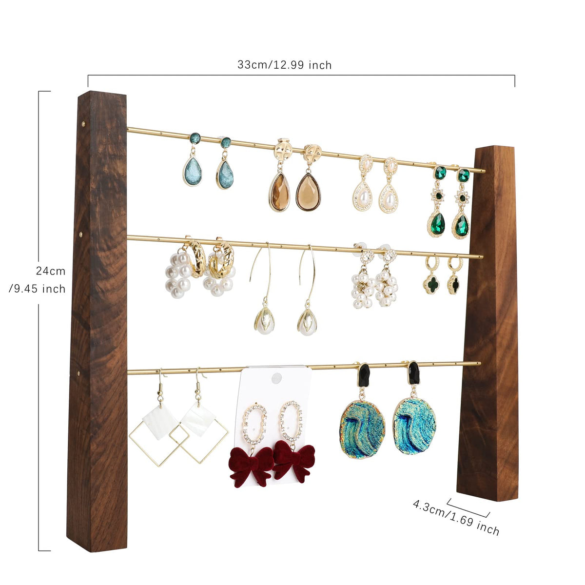 GemeShou 3 Tiers Walnut Earring display stands for selling, Wooden Jewelry Shelf, Earring Storage Organizer, Brass earring holders with 42 holes for stud Dangle Hoop【Walnut 3-Tier Height 9.45"】