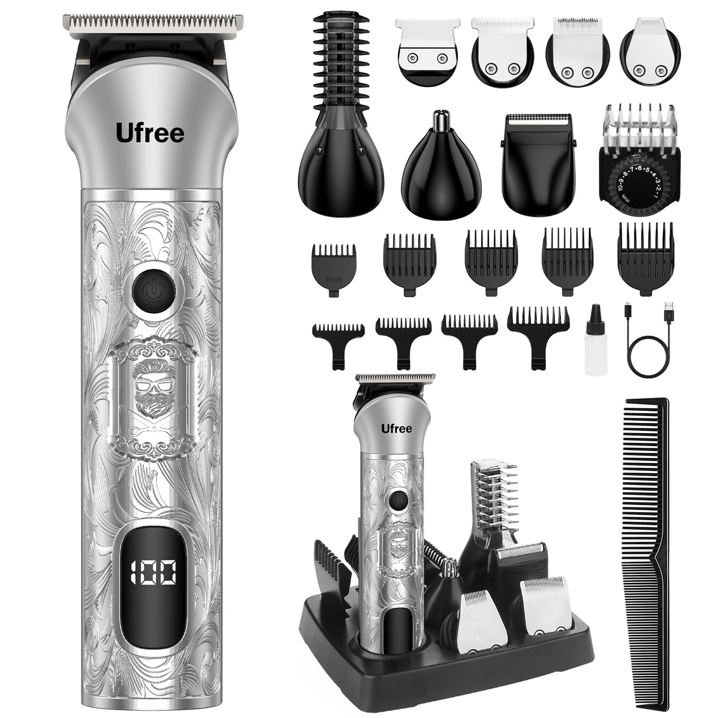 Ufree Beard Trimmer for Men, Electric Razor Shaver, Cordless Hair Clipper Shaving Kit for Mustache Body Nose Ear Hair Facial, Adjustable Beard Grooming Kit Birthday Gifts for Men
