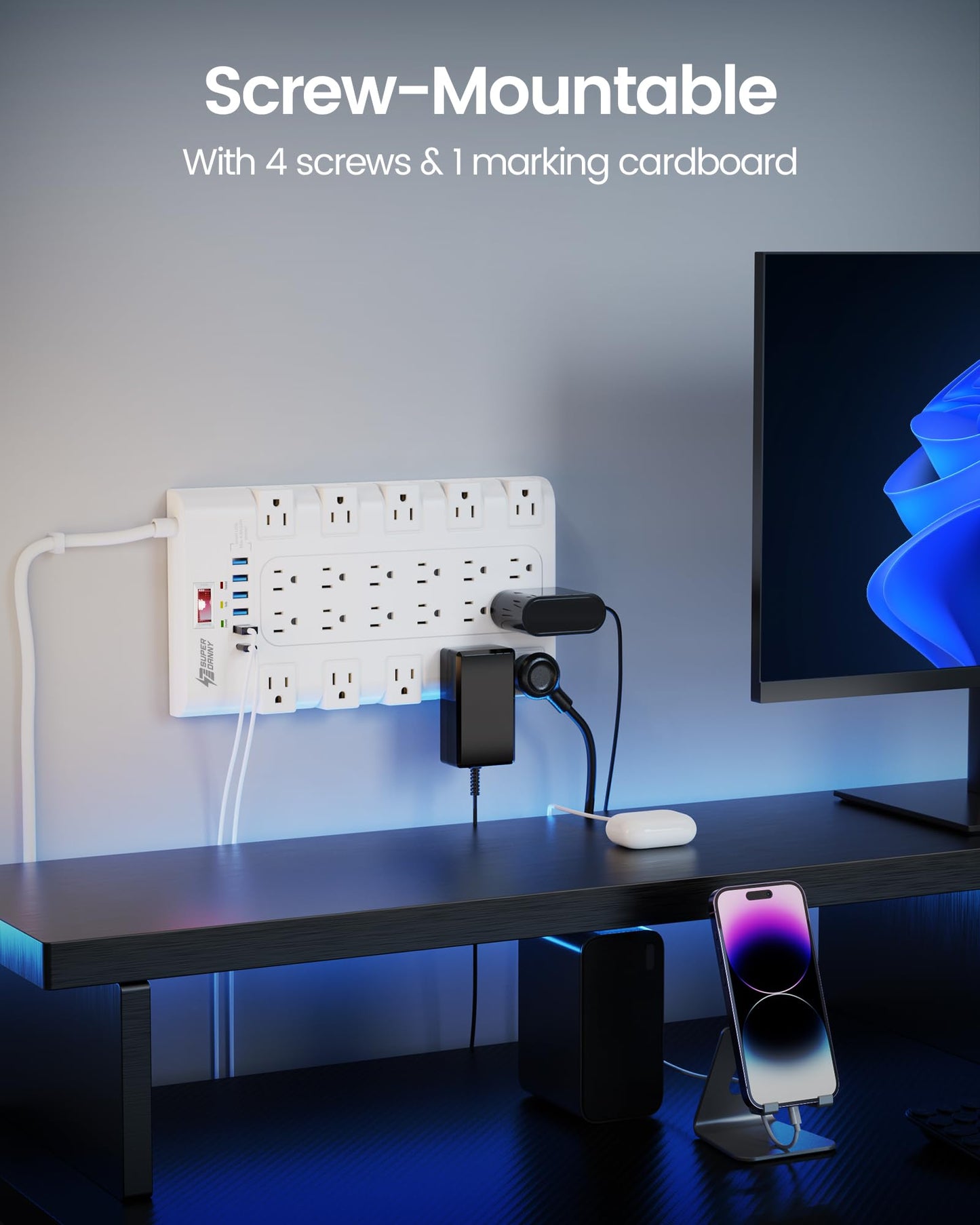 Power Strip, SUPERDANNY Surge Protector with 22 AC Outlets and 6 USB Charging Ports, 1875W/15A, 2100 Joules, 6.5Ft Flat Plug Heavy Duty Extension Cord for Home, Office, Dorm, Gaming Room, Black