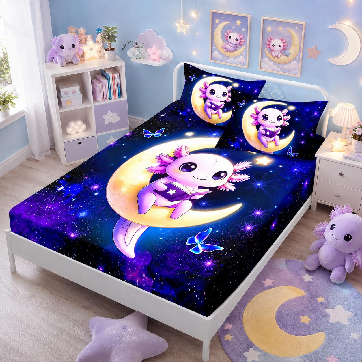 HOSIMA Kawaii Axolotl Twin Fitted Sheet for Kids,Axolotl Sitting on Moon Reading Book,Butterflies Pattern Aesthetic Galaxy Bedding Set for Teenage Girl Room Decor,1 Fitted Sheet+2 Pillowcases.