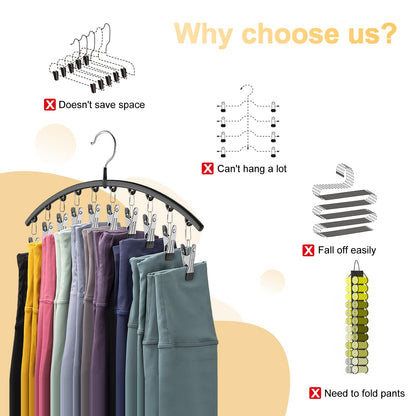 Volnamal Legging Organizer for Closet, 2 Pack Metal Yoga Pants Hangers w/10 Clips Holds 20 Leggings, Space Saving Hanging Closet Organizer w/Rubber Coated Closet Organizers and Storage, Black