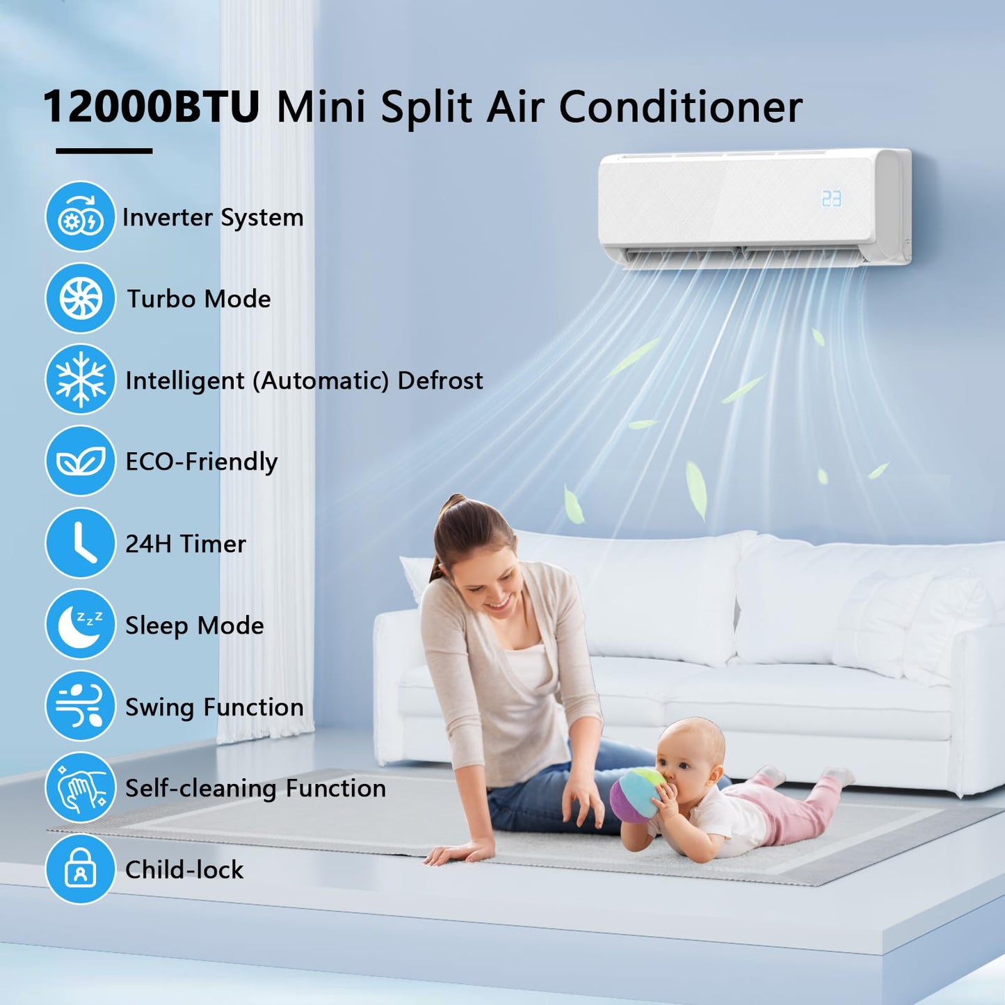 12000 BTU Mini Split Air Conditioner Heat Pump 115V with Installation Kit - 22 SEER2 Ductless Inverter AC Unit, Wi-Fi Smart Control, Quiet, Cools and Heats 750 Sq.Ft