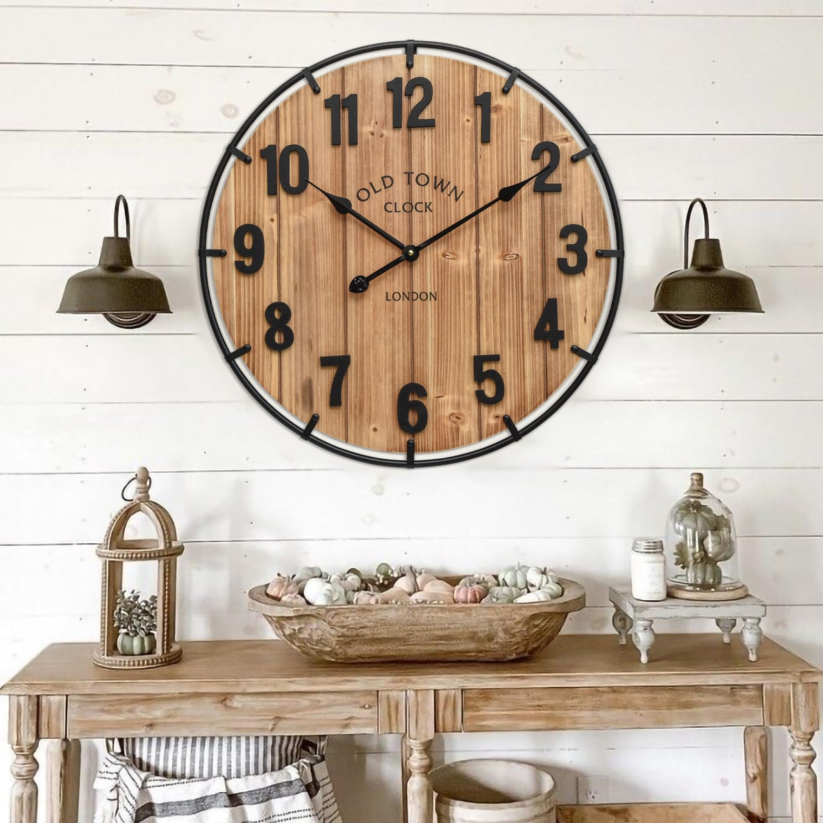 EMAX HOME Large Old Town Farmhouse Wall Clock 24 Inch Rustic Antique Wood with Metal Circle and Large Numerals Silent Battery Operated Wall Clock for Office Kitchen Bedroom Living Room
