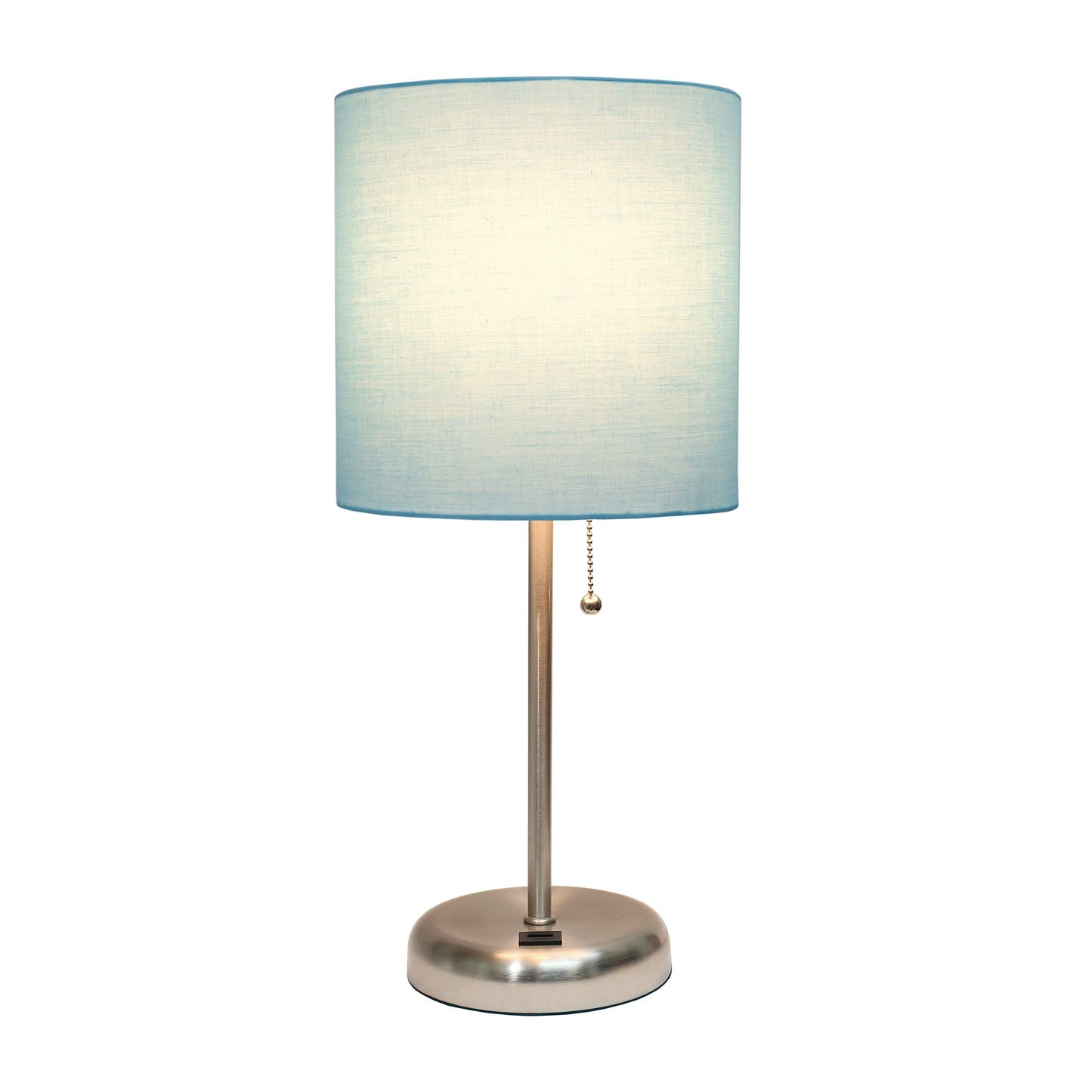 Simple Designs LT2044-AQU-LB Brushed Steel Stick Table Desk Lamp with USB Charging Port and Drum Fabric Shade for Living Room, Hallway, Nightstand, Office, Aqua Shade, with Feit LED Bulb Included