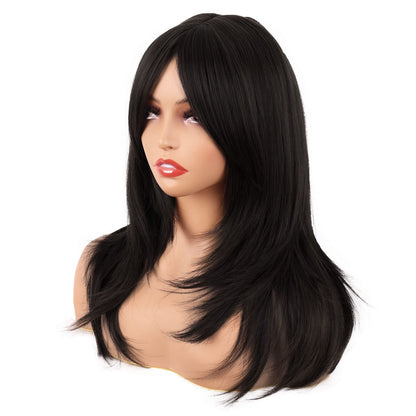 MapofBeauty 20 Inch/50 cm Long Layered With Bangs Straight Synthetic fiber Shoulder Length Hair for Daily Use or Party Wig (Black)
