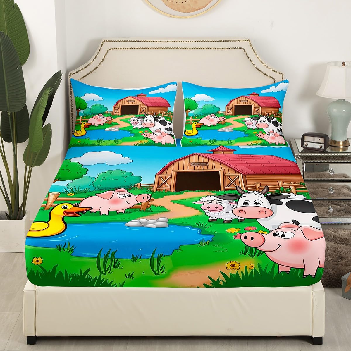 Erosebridal Cartoon Alpaca Sheet Set Cattle Cow Pig Fitted Sheet Full Size for Kids Girls Boys Children Happy Farm Animal Bedding Set Blue Sky Plant Bed Cover with 2 Pillow Cases(No Top Sheet)