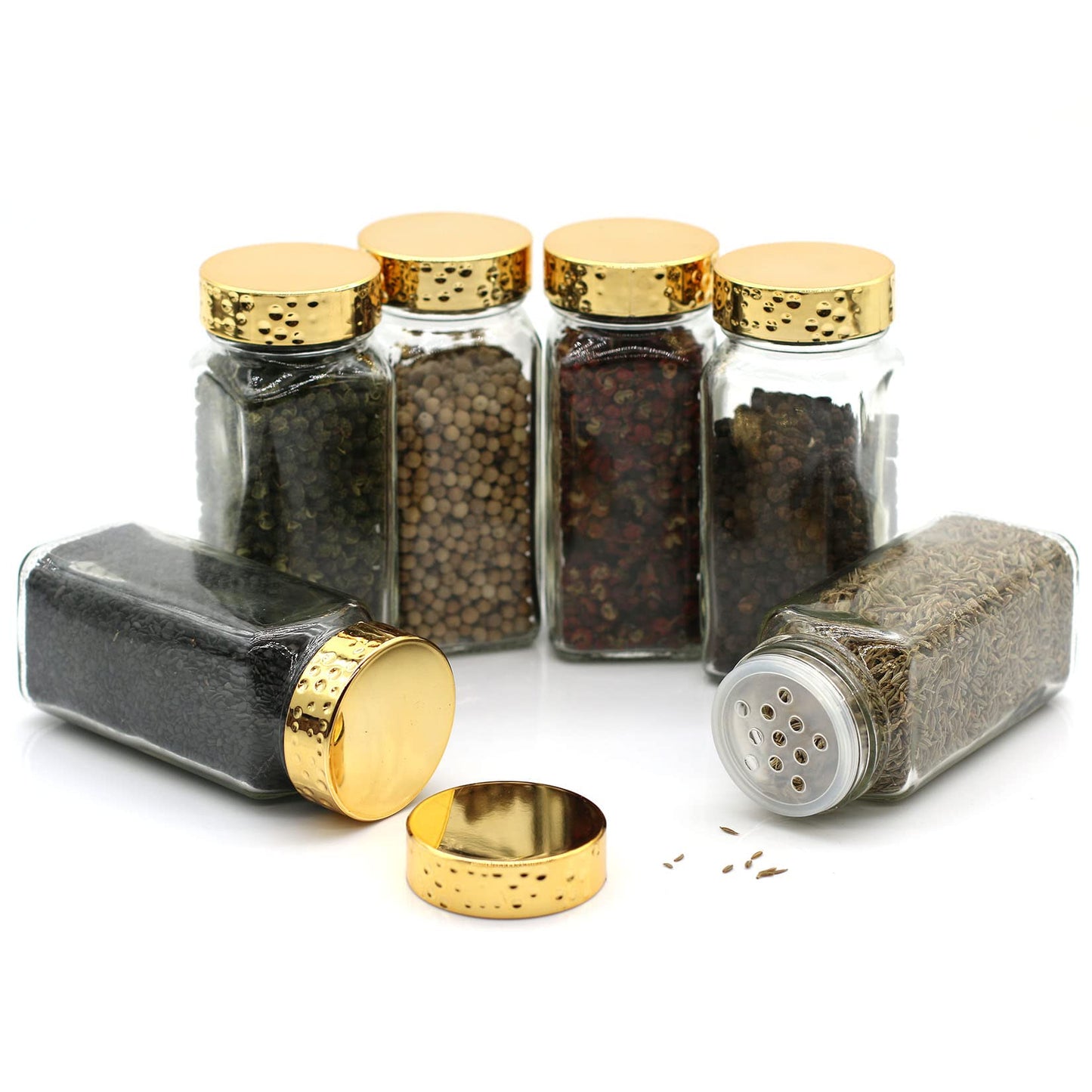 Tianifa 6pcs Gold Spice Jars, 4 oz Glass Seasoning Bottles, Spices Container, Empty Spice Jars, Square Spice Bottles with Airtight Plastic Caps with Shaker Lids