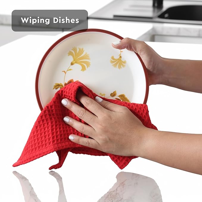 Encasa XO Kitchen Dish Towels Set | Red | Waffle Weave and Flat Hand Tea Towel