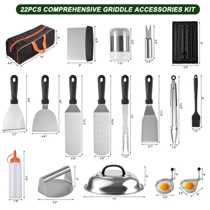 22PCS Griddle Accessories for Blackstone, Flat Top Grill Accessories for Camp Chef, Griddle Spatula Set with Metal Spatula, Enlarged Spatulas, Basting Cover, Scraper for Outdoor Barbecue